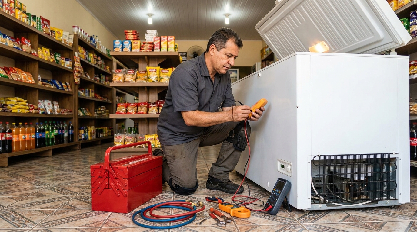 Manômetro conectado ao circuito durante recarga de gás de freezer em Anápolis‑GO