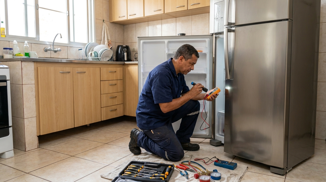 Técnico fazendo recarga de gás em geladeira de cliente em Anápolis‑GO