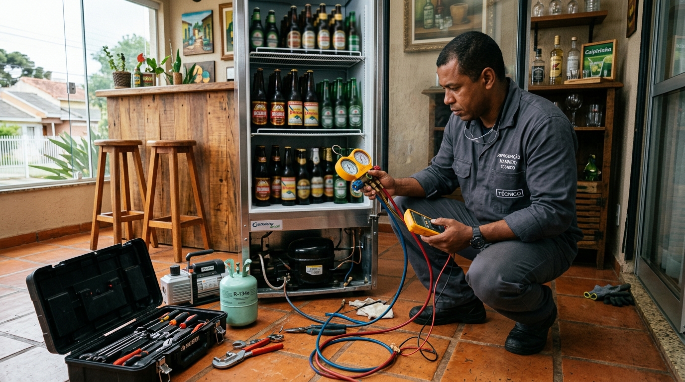 Técnico conferindo a temperatura de uma cervejeira durante atendimento em Anápolis‑GO