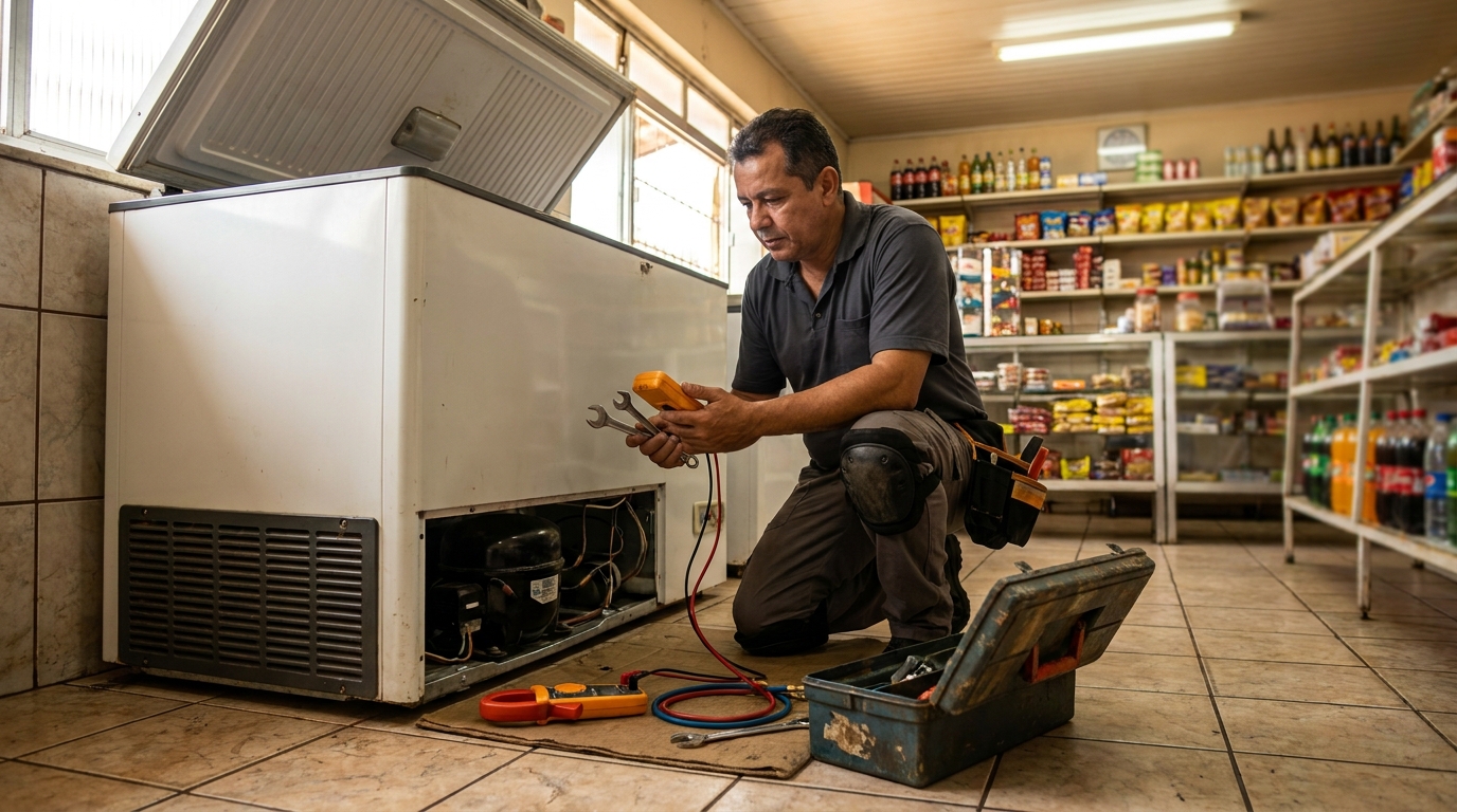 Técnico avaliando um freezer vertical durante atendimento em Anápolis‑GO
