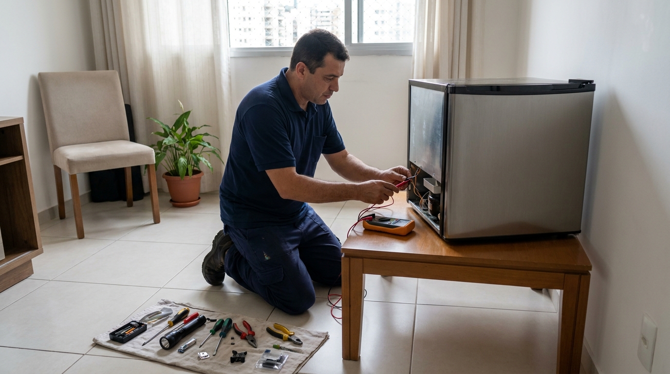 Técnico avaliando um frigobar compacto durante atendimento em Anápolis‑GO